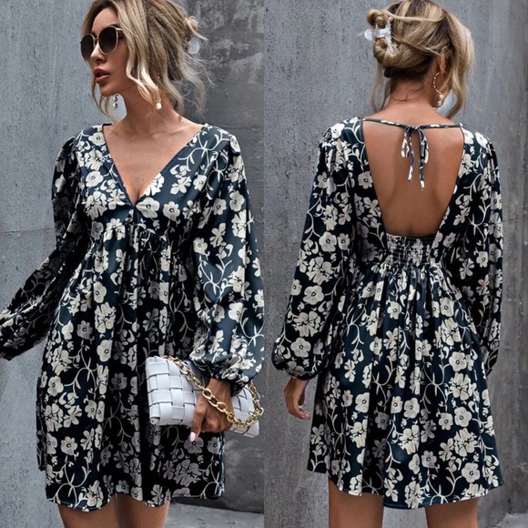 Dresses & Skirts - V Neck Floral Print Balloon Sleeve Midi Dress